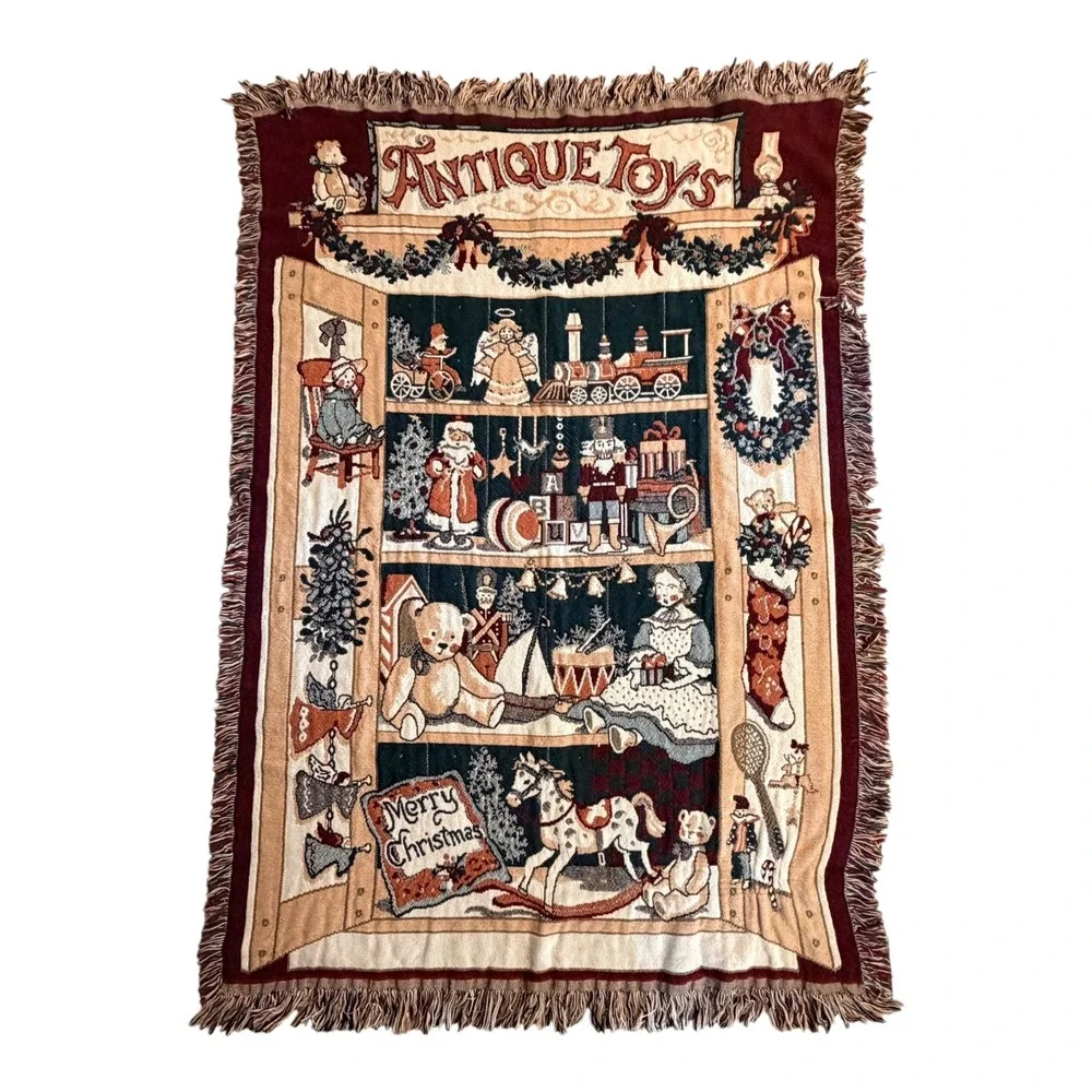 Vintage Christmas Antique Toys Tapestry Throw Blanket Afghan 68x45 Cotton‎ 1990s